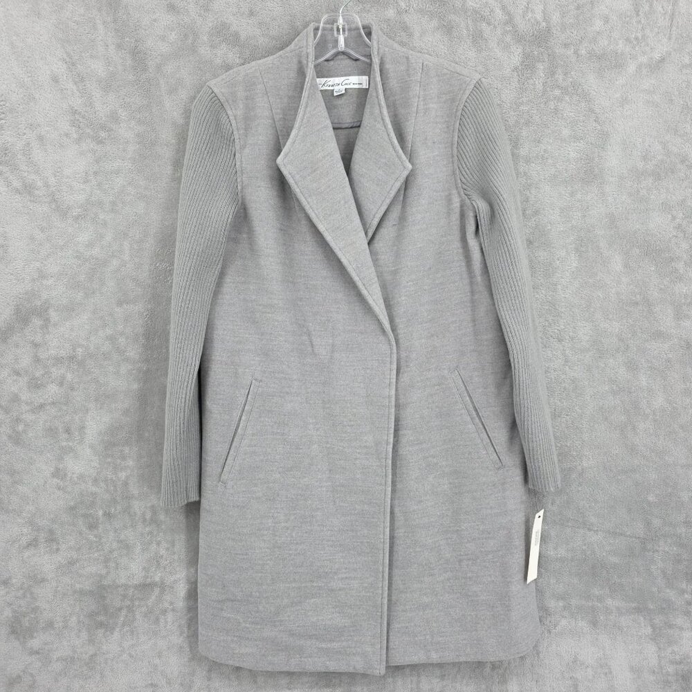 Kenneth Cole NY Longline Coat S Tin Heather Grey Mixed Media Chic Stylish New